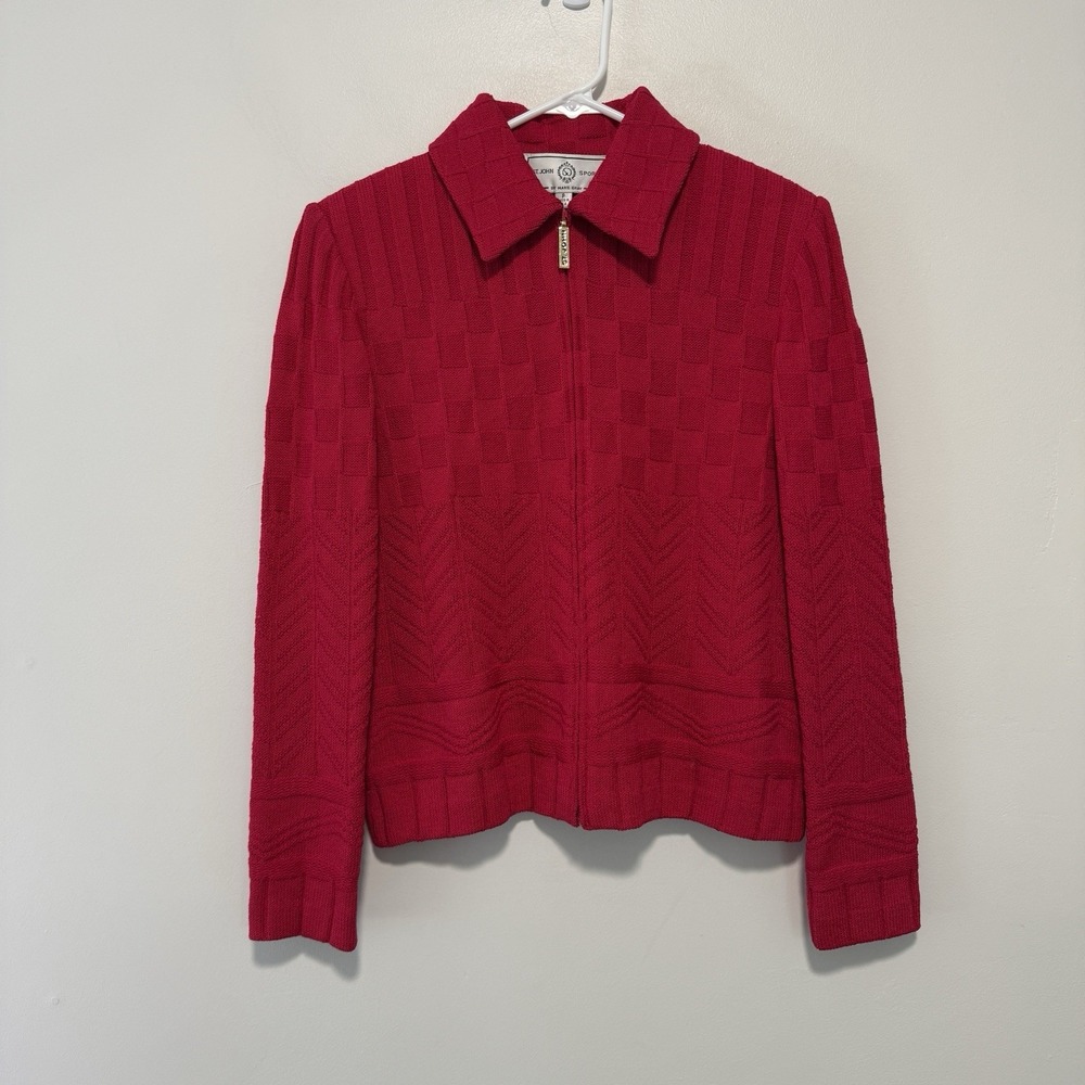 St. John Sport Deep Pink Collared Full Zip Sweater Jacket Shoulder Pads Size P